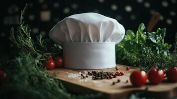 A chef hat sits on top of a wooden cutting board photo