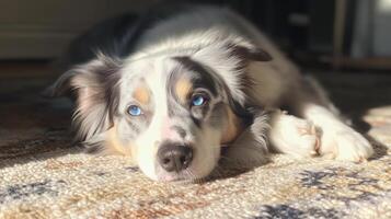 A dog with blue eyes laying on a rug photo