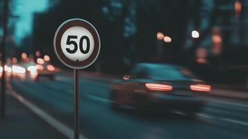 A blurry image of a speed limit sign on the road photo