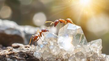 Two ants on top of a crystal photo