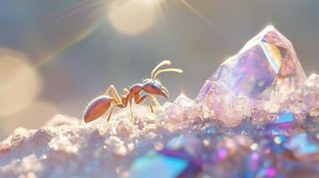 An ant is standing on top of a crystal photo