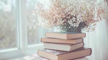 A stack of books with flowers in front of a window photo