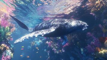 A whale swimming in the ocean surrounded by colorful coral photo