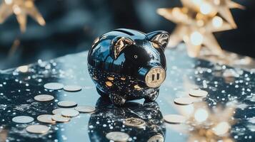 A piggy bank with coins on a table photo