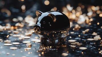 A piggy bank with gold coins on a black background photo