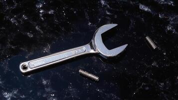 A wrench and a screwdriver laying on a black surface photo