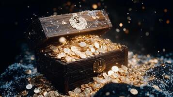 A wooden treasure chest overflowing with golden coins. photo