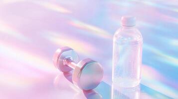 A bottle of water and a dumbbell on a shiny surface photo