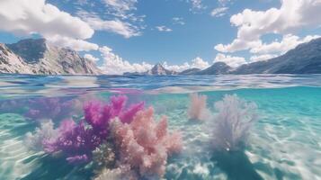 A beautiful underwater scene with pink and white coral photo