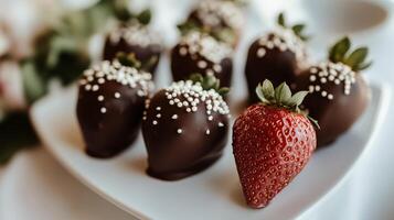 Chocolate covered strawberries on a white plate photo