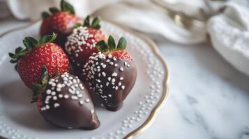 Chocolate covered strawberries on a white plate photo