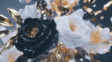 Black and white flowers with gold leaves photo