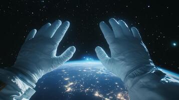 Hands in space gloves with earth in background photo