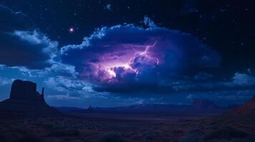 A lightning storm over the desert with a cloud and a mountain in the background photo