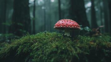 A red mushroom is sitting on top of a moss covered forest photo