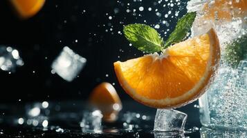 An orange slice is being splashed with water photo