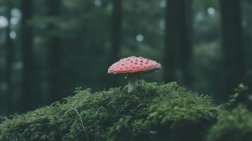 A red mushroom is sitting on top of a moss covered hill photo