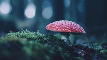 A red and white mushroom is sitting on the ground photo