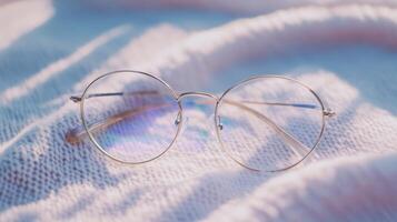 Glasses on a sweater with a blue background photo