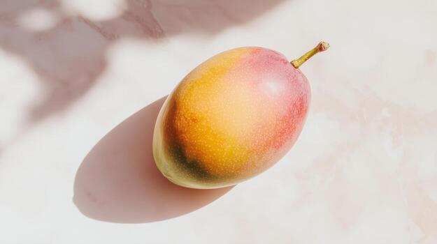 A mango on a white surface with a shadow photo