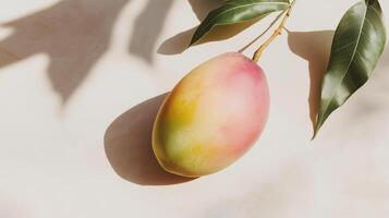 A mango is on a white surface with leaves photo