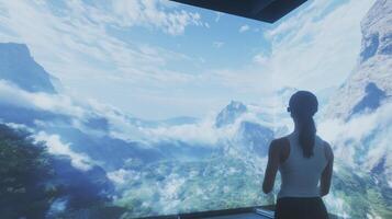 A woman looking out a window at a mountain range photo