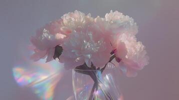A beautiful bouquet of soft pink peonies in a clear vase. photo