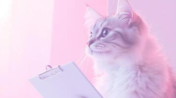A cat sitting on a clipboard with a pink background photo