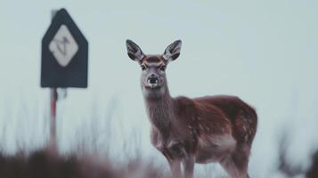 A deer standing in front of a sign photo