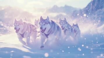 A group of husky dogs running through the snow photo