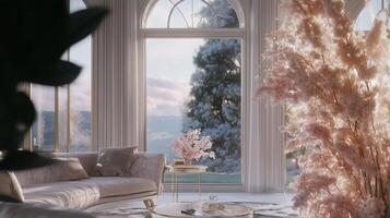 A living room with a large window and a pink tree photo
