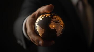 Businessman pointing at world globe representing global strategy photo