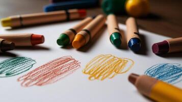 A group of crayons and markers on a white paper photo