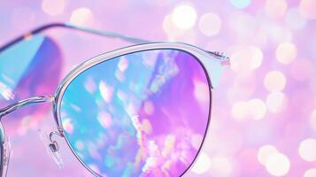 Sunglasses with purple and pink lights on a bokeh background photo