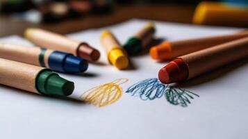 Colorful crayons on a white paper photo