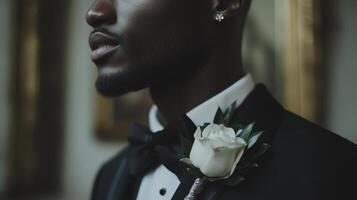 A man in a tuxedo with a rose boutonniere photo