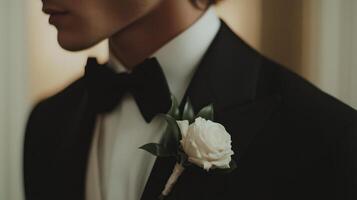 A man in a tuxedo with a white rose photo