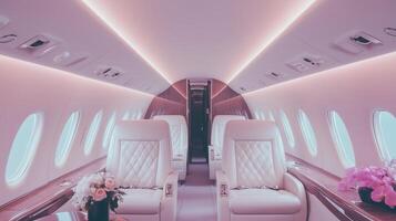 Luxurious airplane interior with empty leather seats photo