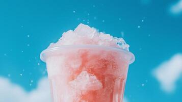 A pink drink with ice in it on a blue sky background photo