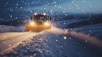 A snow plow driving down a snowy road photo