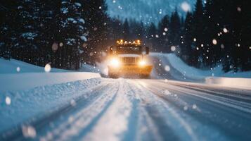 A snow plow driving down a snowy road photo