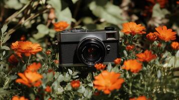 Vintage camera in garden setting with vibrant orange flowers photo