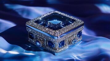 A luxury square jewelry box with neatly arranged sapphires photo