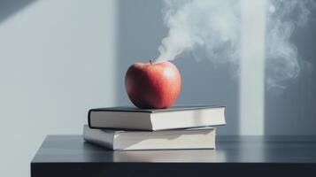 An apple sitting on top of two books with smoke coming out of it photo