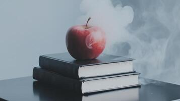 An apple sitting on top of two books with smoke coming out of it. photo