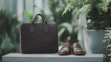 A modern work bag placed beside a stylish pair photo
