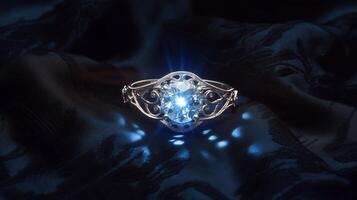An ornate ring with a blue stone photo