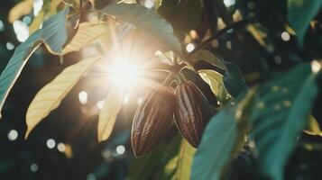 Cocoa beans on a tree with the sun shining through photo