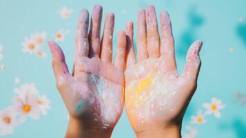 Colorful hands with pink and yellow paint photo