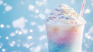 A colorful milkshake with sprinkles and a straw photo
